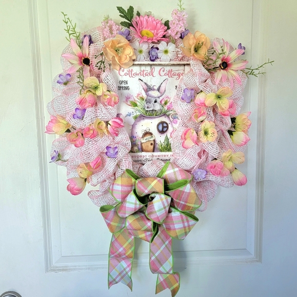 Spring Floral Bunny Wreath Bow Wreath Deco Mesh Farmhouse Cottage - Picture 2 of 8